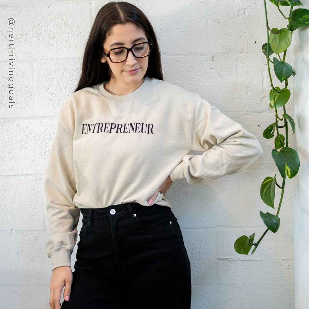 Entrepreneur Embroidered Crewneck Sand Sweatshirt On Woman - Her Thriving Goals