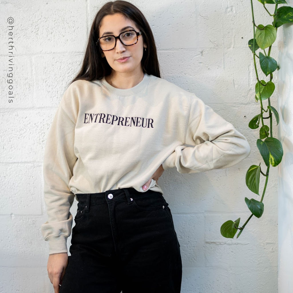 Entrepreneur Embroidered Crewneck Sand Sweatshirt On Woman - Her Thriving Goals